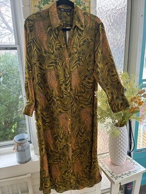 Zara Olive Green & Tan Tiger-Print Long Sleeve Shirt Dress